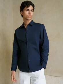 Manfinity VCAY Áo sơ mi nam tay dài công sở đơn hàng khuy cong viền cong bằng cotton trơn - Màu xanh hải quân - Xem 5