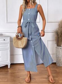 SHEIN LUNE Vestido casual de vacaciones para mujer con tirantes de colores contrastantes, rayas y botones adelante con nudo a la cintura