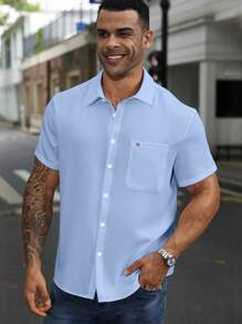 Manfinity Homme Plus Size Men's Solid Color Short Sleeve Single Breasted Pocket Casual Shirt - Baby Blue - View 3