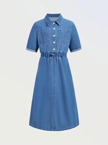 Sukienka dżinsowa dla dziewcząt z denimu, wygodna, miękka, swobodna, wakacyjna, luźna, minimalistyczna, modna, letnia - Średni jeans - Zobacz 1