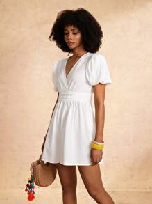 Slaydiva 2 件套新款设计休闲优雅白色泡泡袖 V 领连体裤，带口袋，适合春夏季 - 白色 - 查看 6