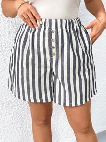 SHEIN LUNE Plus Size Women's Casual Simple Textured Vertical Stripe Elastic Waist Pocket Shorts - Blue and White - View 4