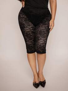 SHEIN BAE Plus Size Women's Black Lace Semi-Sheer Cami Shorts, Elegant & Sexy, Suitable For Dailywear, Vacation - Black - View 1