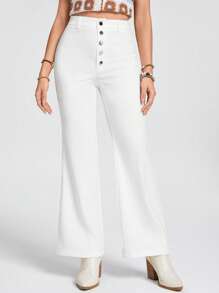 SHEIN LUNE Pantalon décontracté à patte d'éléphant avec boutons pour femmes, pour le printemps/été, en blanc