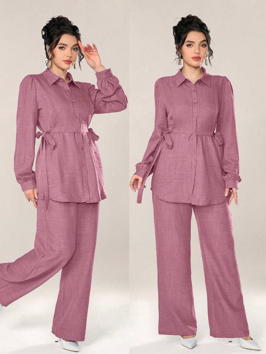 Graceveil Women 2pcs Set Front Button Long Sleeve Casual Blouse And Trousers 2 Pieces Set Modest Fall Cloth For Women - Pink - View 1