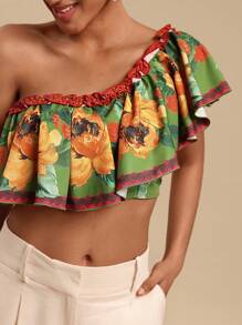 Travachic Blusa casual de vacaciones con cuello asimétrico y estampado floral para mujer, atuendos de verano para mujer, blusas de verano