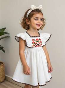 Cozy Pixies Kleine Mädchen Kleid mit Blumen Muster, geraffter Taille, Rüschenkragen, Lässig Kurzarm A-Linie, geeignet für Kleine Mädchen, Zuhause, Outdoor, Urlaub, Sommer