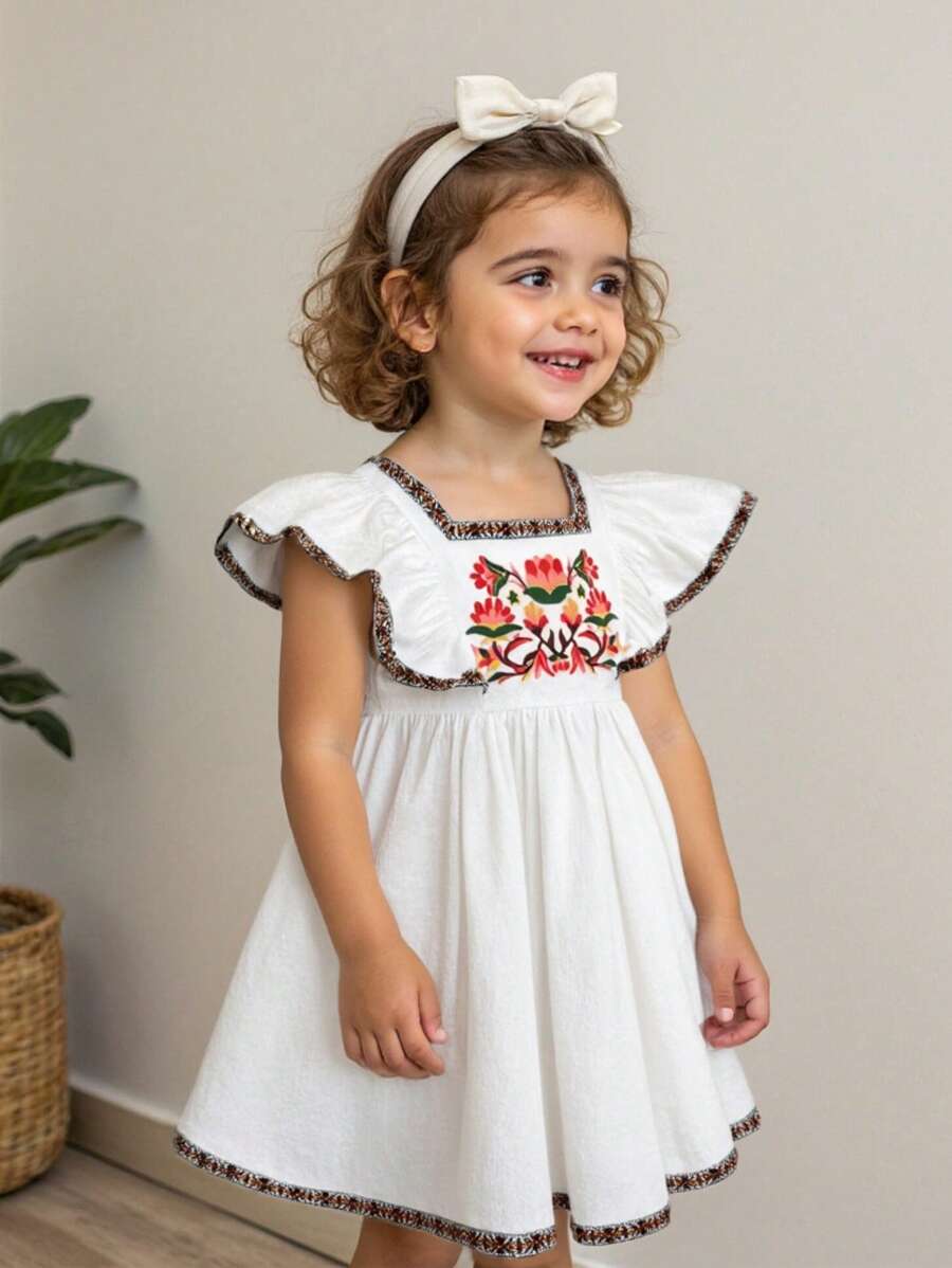 Cozy Pixies Kleine Mädchen Kleid mit Blumen Muster, geraffter Taille, Rüschenkragen, Lässig Kurzarm A-Linie, geeignet für Kleine Mädchen, Zuhause, Outdoor, Urlaub, Sommer
