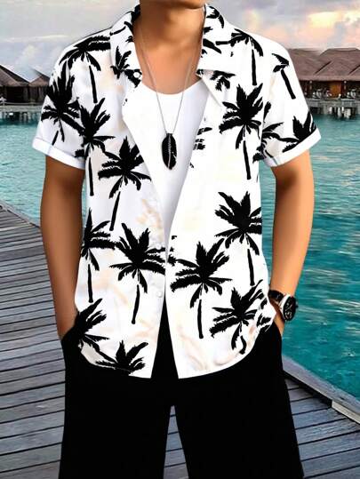 2pcs/Set Teen Boy Palm Trees Printed Short Sleeve Shirt And Shorts For Vacation, School, Campus, College