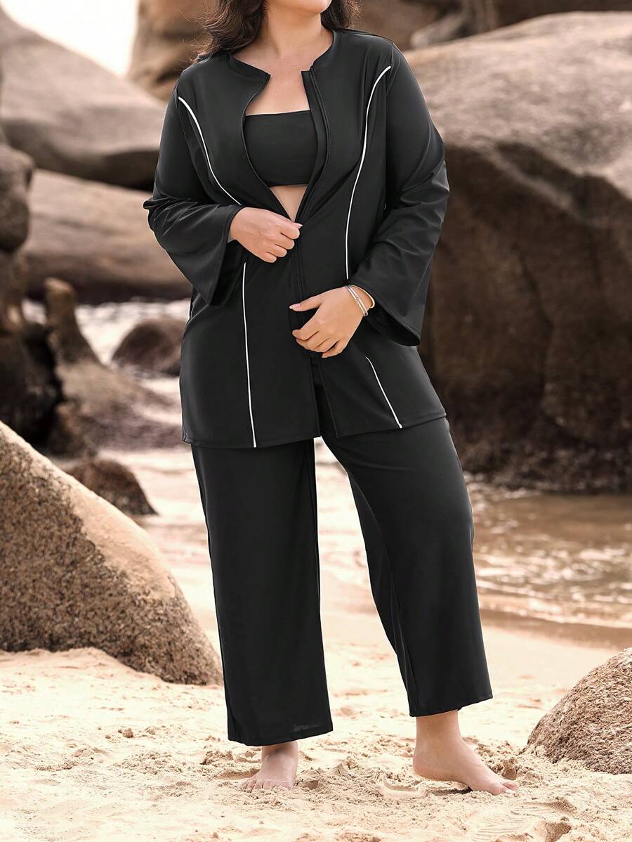 Swim Mulvari 2件套加大码黑白拼接长袖和裤子穆斯林风格女士端庄比基尼套装