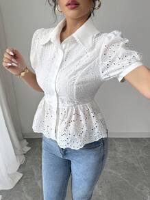 Gloray Hollow Puff Sleeve Wave Hem Elegant Office Lady Style Women Blouse, Summer