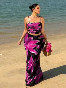 Flirla 2pcs/Set Plus Size Women Floral Print Camisole & Extra Long Skirt Co-Ord Set, Vacation Beach - Multicolor - View 7