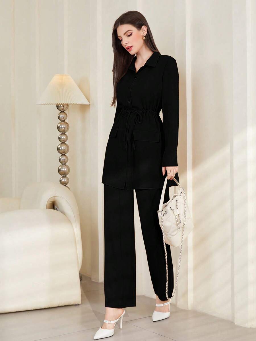 Seusyu 勃艮第红色女士纯色简约休闲长袖上衣和裤子套装 2 件套