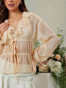 L'Amorae بلوزة ربيعية ذات أكمام منبثقة منمقة متموجة شبه شفافة ولامعة