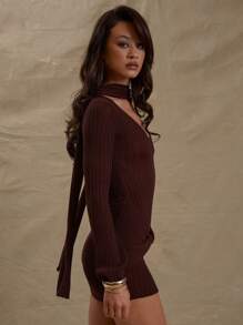 MUSERA Rib Knit Plunge V-Neck Scarf Twist Front Detail Fitted Bodycon Long Floaty Sleeve Mini Dress Spring Cute Sexy  Chic - Coffee Brown - View 2