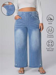 Flexra Plus Size High Stretch Knit Wide Leg Boyfriend Jeans - Baby Blue - View 1