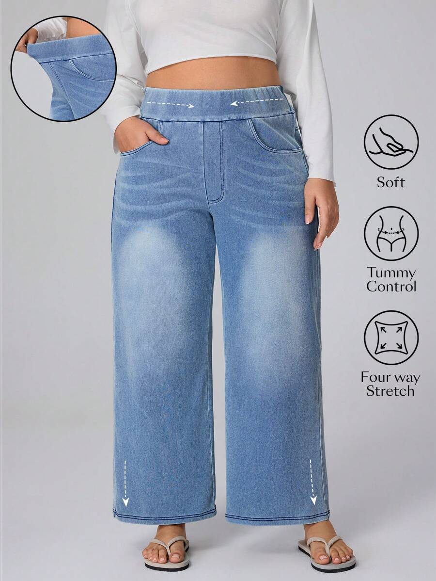 Flexra Plus Size High Stretch Knit Wide Leg Boyfriend Jeans - Baby Blue - View 1