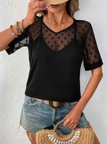 SHEIN LUNE Women's Polka Dot Mesh Patchwork V-Neck Loose Short Sleeve T-Shirt - Black - View 5