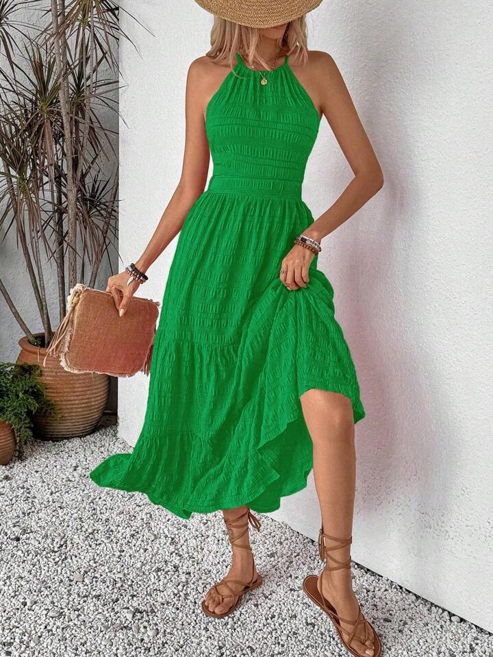 Breezaya Women's Casual Tie-Back Ruched Hem Long Dress Maxi Vacation Beach Outfit