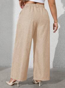 Vionelle 大码女式纯色前口袋休闲裤 - 杏色 - 查看 2