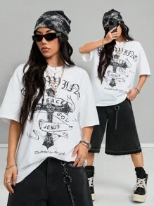 Coolane Camiseta blanca de corte oversize con estampado vintage grunge para mujer primavera verano