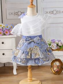 2 Pieces Young Girl Formal Dress Set: Sleeveless Chiffon Top With Bow Accent & Foil Printed Skirt Toddler Elegant Dress - White - View 1