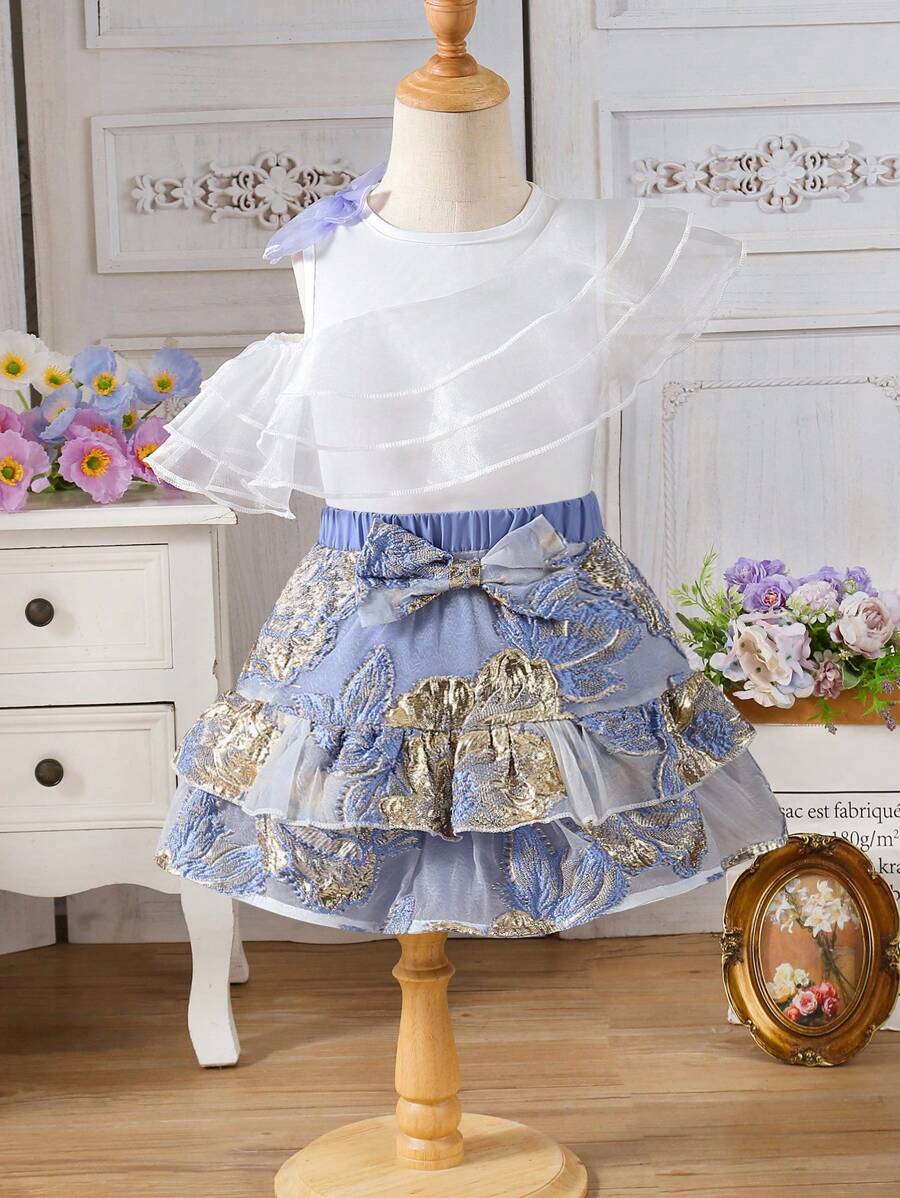 2 Pieces Young Girl Formal Dress Set: Sleeveless Chiffon Top With Bow Accent & Foil Printed Skirt Toddler Elegant Dress - White - View 1