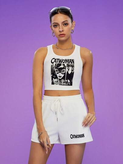CATWOMAN X SHEIN 2pcs/Set Women Summer Fashion Street Catwoman Portrait & Letter Print White Tank Top And Drawstring Shorts Workout Sets Women Set Rave Outfits Festival Concert Outfit