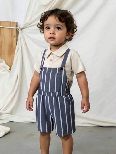 SHEIN Young Boys Spring Casual Solid Color Polo Collar Loose Comfy Sweater & Stripe Elastic Waist Pants 2 Pieces Outfit
