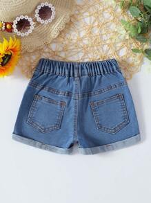 Baby Girls Star Embroidered Reverse Hem Design Denim Shorts, Casual Simple Versatile Washed Jeans - Medium Wash - View 2