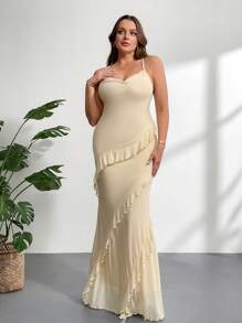 Firerie Vestido casual de verano romántico para ocasiones especiales en talla grande con cuello drapeado, volantes, malla transparente y falda de tubo larga. Elegante vestido de color albaricoque para ir a tomar el té, festivales de música y vuelta al cole con volante en el bajo. - Albaricoque - Ver 6