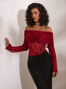 Opulessa Women's Solid Color Knitted Lace Off Shoulder Long Sleeve Top - Burgundy - View 1