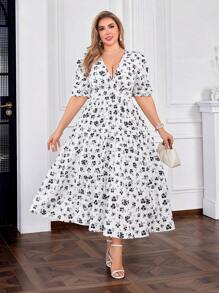 SHEIN Clasi Elegante vestido largo de estilo maxi con cuello en V y estampado floral para mujeres de talla grande