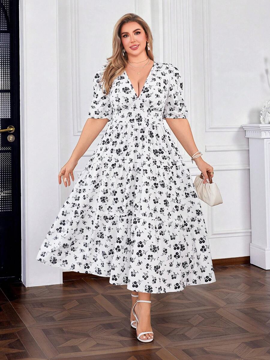 SHEIN Clasi Elegante vestido largo de estilo maxi con cuello en V y estampado floral para mujeres de talla grande