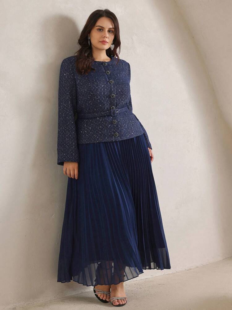 Plus Size Women Elegant Date Night/Party Long Sleeve Patchwork Pleated Faux 2 Pieces Dress