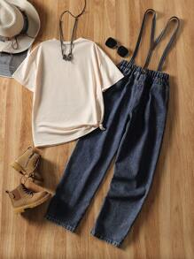 SHEIN Tween Boys 2pcs Sets Spring & Summer Wildeya New Styles, Classic Fashionable Outdoor Western Vintage Print T-Shirt Paired With Classic Washed Denim Bib & Brace Overalls 2 Pieces Outfit, Suitable For Outdoor Activities, Daily Wear And Nomadic Social Events - Multicolor - View 2