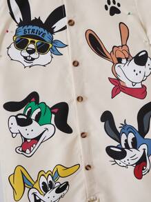 Young Boy Cartoon Print Short Sleeve Single-Breasted Casual Shirt With Attached Shorts - Khaki - View 6