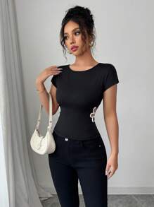 Elenzga 女士优雅通勤撞色镂空花卉修身T恤 - 黑色 - 查看 5