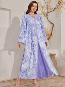 Al Najma Elegant Patchwork Dubai Abaya Kaftan Jalabiya Dress - Purple - View 4