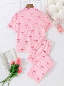 Genkimix Kids 2 件套青少年女孩休闲蝴蝶结领扣短袖上衣和长裤休闲套装 - 粉色 - 查看 2