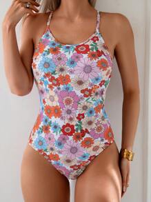 SHEIN Swim 1pc Women's Sweet And Adorable Colorful Daisy Print One Piece Swimsuit For Summer Beach Vacation - Multicolor - View 5