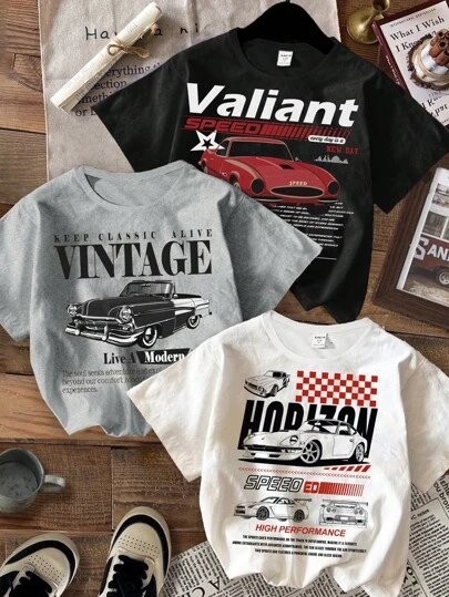 SHEIN 3pcs/Set Young Boy Casual Simple Round Neck Short Sleeve T-Shirt, Suitable For Summer, School, Campus, College