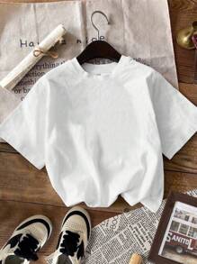 SHEIN Young Boy Casual Short Sleeve Round Neck T-Shirt, Suitable For Summer - White - View 2