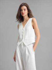 Ontre Simple White One-Row Button Vest & Trousers Casual Business Suit Set For Commuting - White - View 6