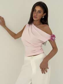 Aloruh Áo thun bó sát họa tiết hoa 3D vai không đối xứng màu hồng cho ngày hẹn hò lãng mạn - Màu Hồng baby - Xem 2