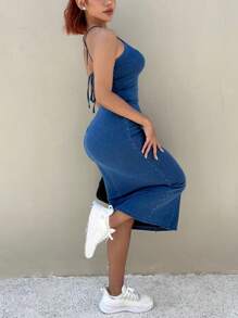 SHEIN SXY Women's Denim Dress, Casual Fitted Sleeveless Blue,Solid Color Sexy Open Back Sleeveless Beach Dress, Formal Party Backless Gown,Vacation Outfits Women,Year-Round,For Spring/Summer Holiday,Beach Mini Dress For Women Summer Women Dresses Vacation Spring/Summer Outfits For Women Rave Outfits Festival Easter Women Outfit,Suitable For Summer