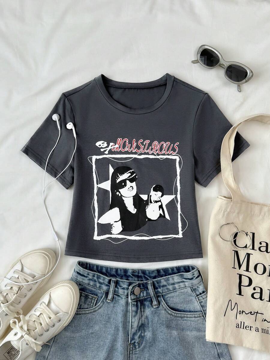 SHEIN Unity 街头风格女式摇滚印花圆领 T 恤，夏季 - 深灰色 - 查看 1