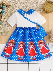 Little Girl Blue Summer Fairy Birthday Retro Print Peter Pan Collar Short Sleeve Dress,Cute Girl & Lantern & Star Print Playful Elegant Party Dress - Blue - View 2