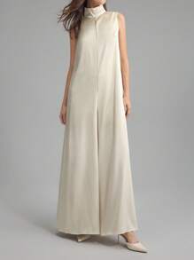 Ontre Women's Minimalist Daily Wear Champagne Sleeveless Wide Leg Jumpsuit, V-Neck Summer Outfit; Women's Minimalist Daily Wear Ivory Sleeveless Wide Leg Jumpsuit, V-Neck Summer Outfit