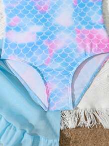 Young Girl Mermaid Print One Piece Swimsuit With Cover-Up Skirt, Printed Design Varies - Multicolor - View 5